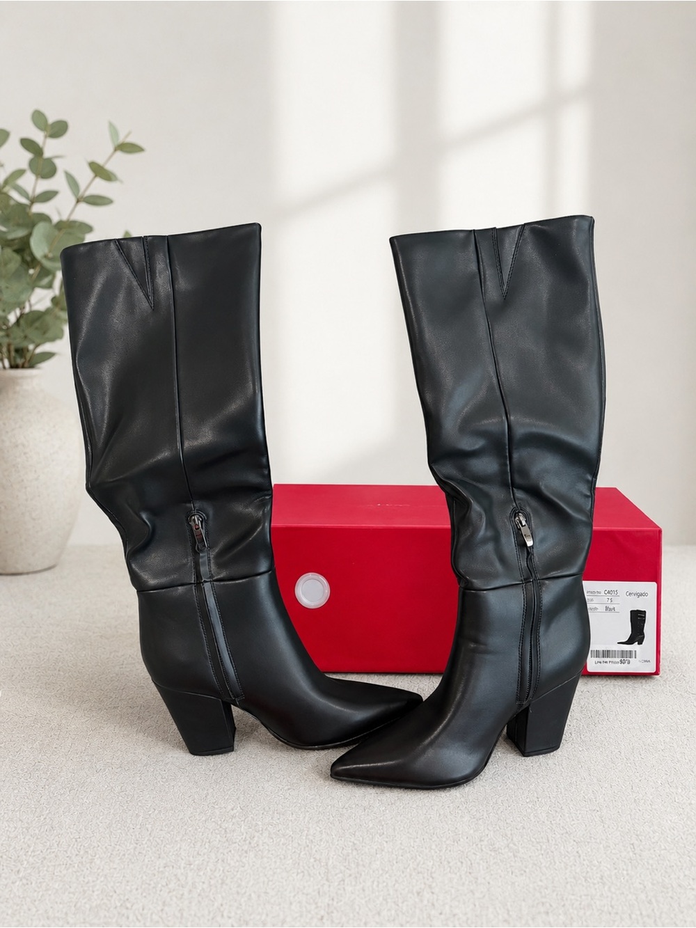 Black Knee High Pointed Toe Heel Boots